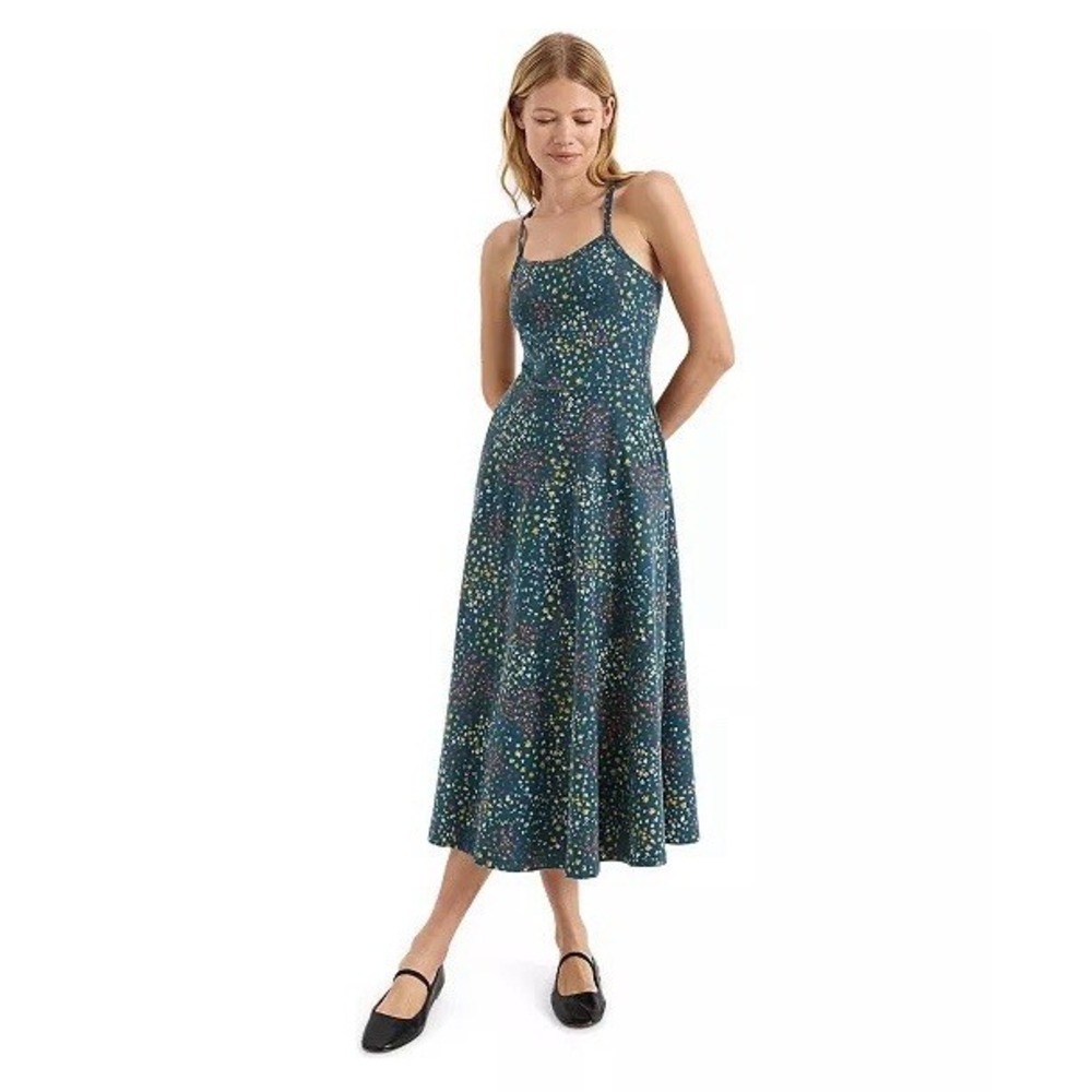 Pact Fit & Flare Midi Dress Size Large Teal Floral Print Stretchy Organic Cotton